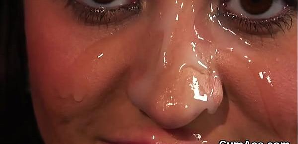  Sexy sex kitten gets cum load on her face swallowing all the charge